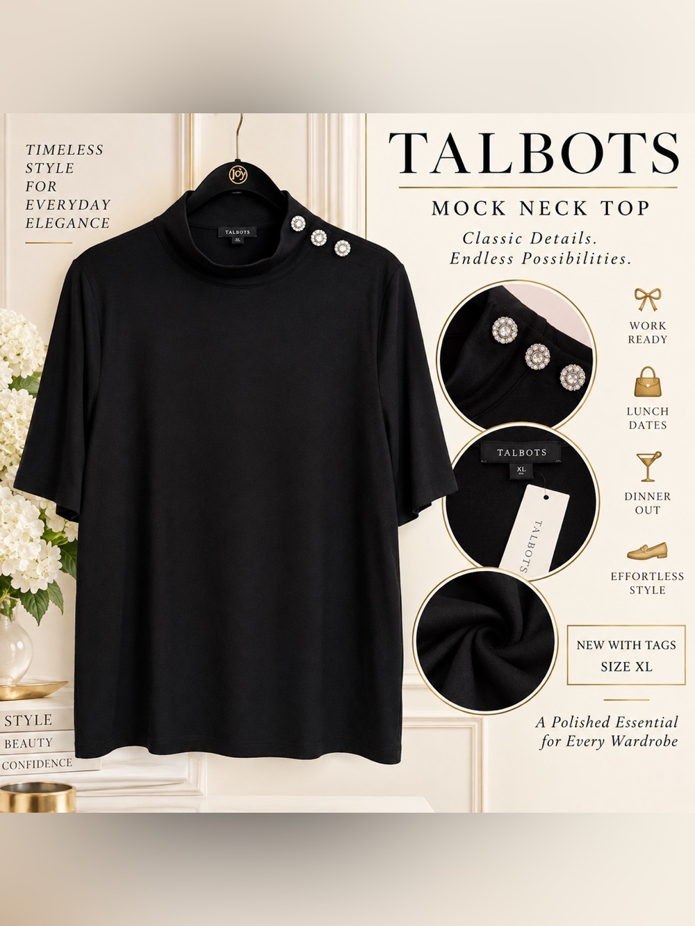 Talbots Black Mock Neck Short Sleeve Top With Rhinestone Buttons | Size XL